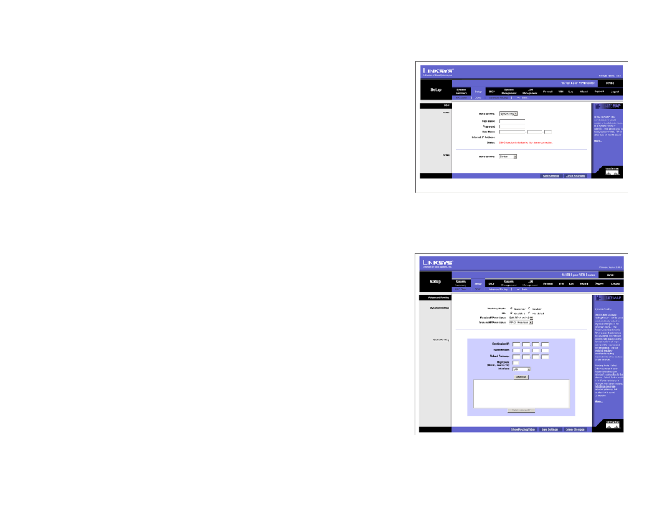 Setup tab - ddns, Setup tab - advanced routing | Linksys RV082 User Manual | Page 36 / 103
