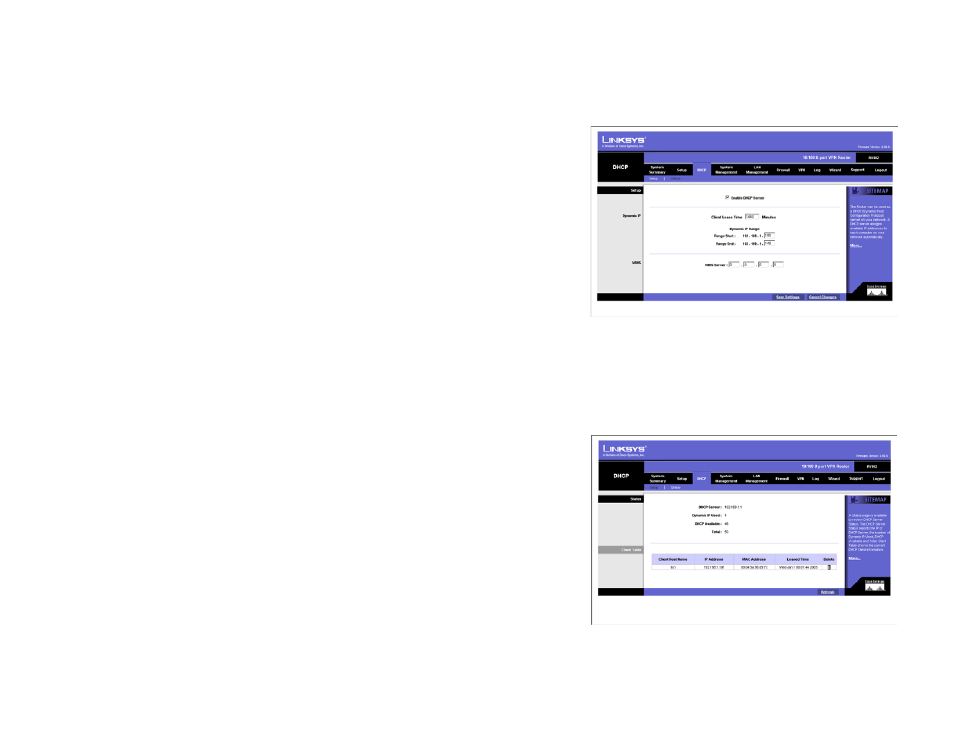 Dhcp tab - setup, Dhcp tab - status | Linksys RV082 User Manual | Page 38 / 103