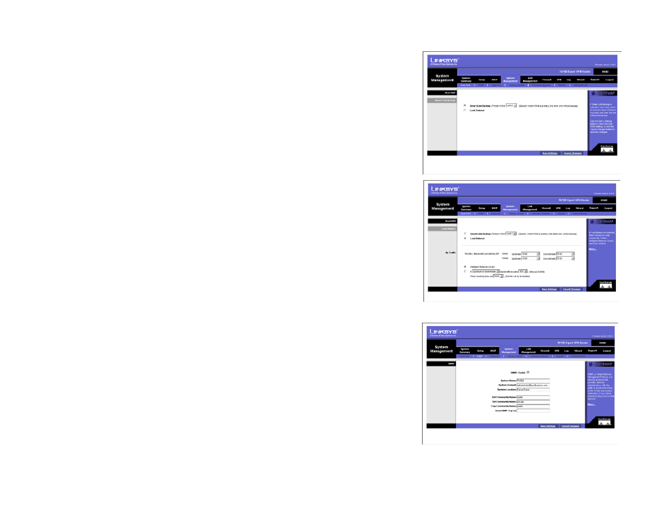 System management tab - dual-wan, System management tab - snmp | Linksys RV082 User Manual | Page 39 / 103