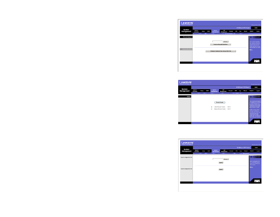 System management tab - firmware upgrade, System management tab - restart, System management tab - setting backup | Linksys RV082 User Manual | Page 42 / 103