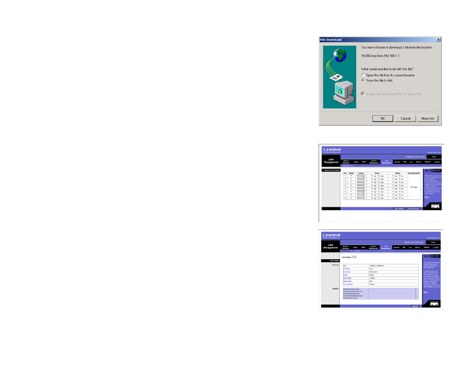 Lan management tab - lan setup, Lan management tab - lan status | Linksys RV082 User Manual | Page 43 / 103