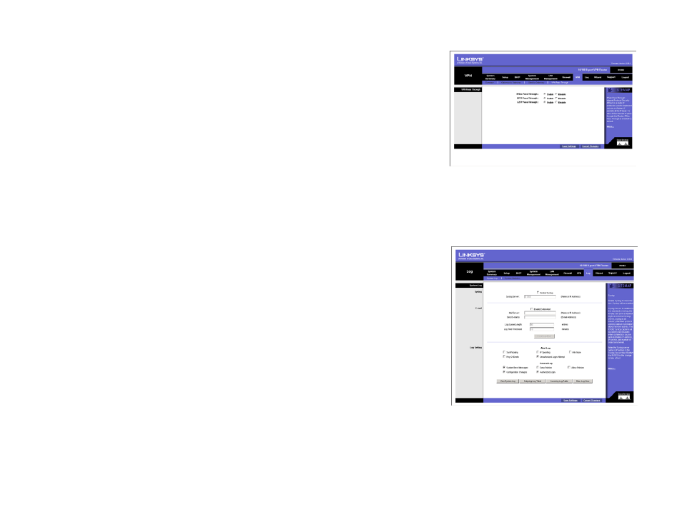 Vpn tab - vpn pass through, Log tab - system log | Linksys RV082 User Manual | Page 62 / 103