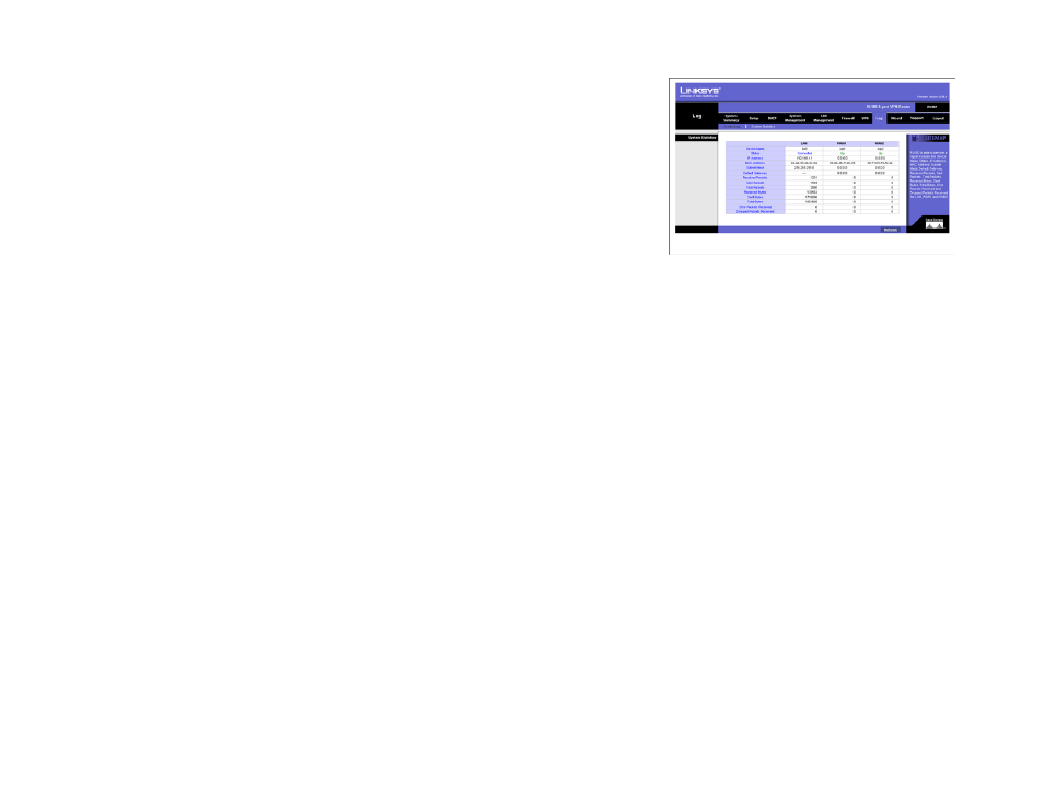 Log tab - system statistics | Linksys RV082 User Manual | Page 64 / 103