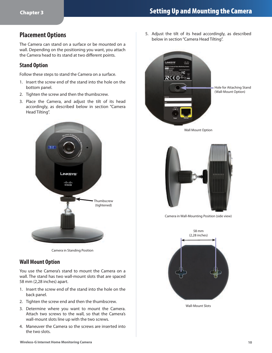 Placement options, Setting up and mounting the camera, Stand option | Wall mount option | Linksys WVC54GCA User Manual | Page 11 / 55