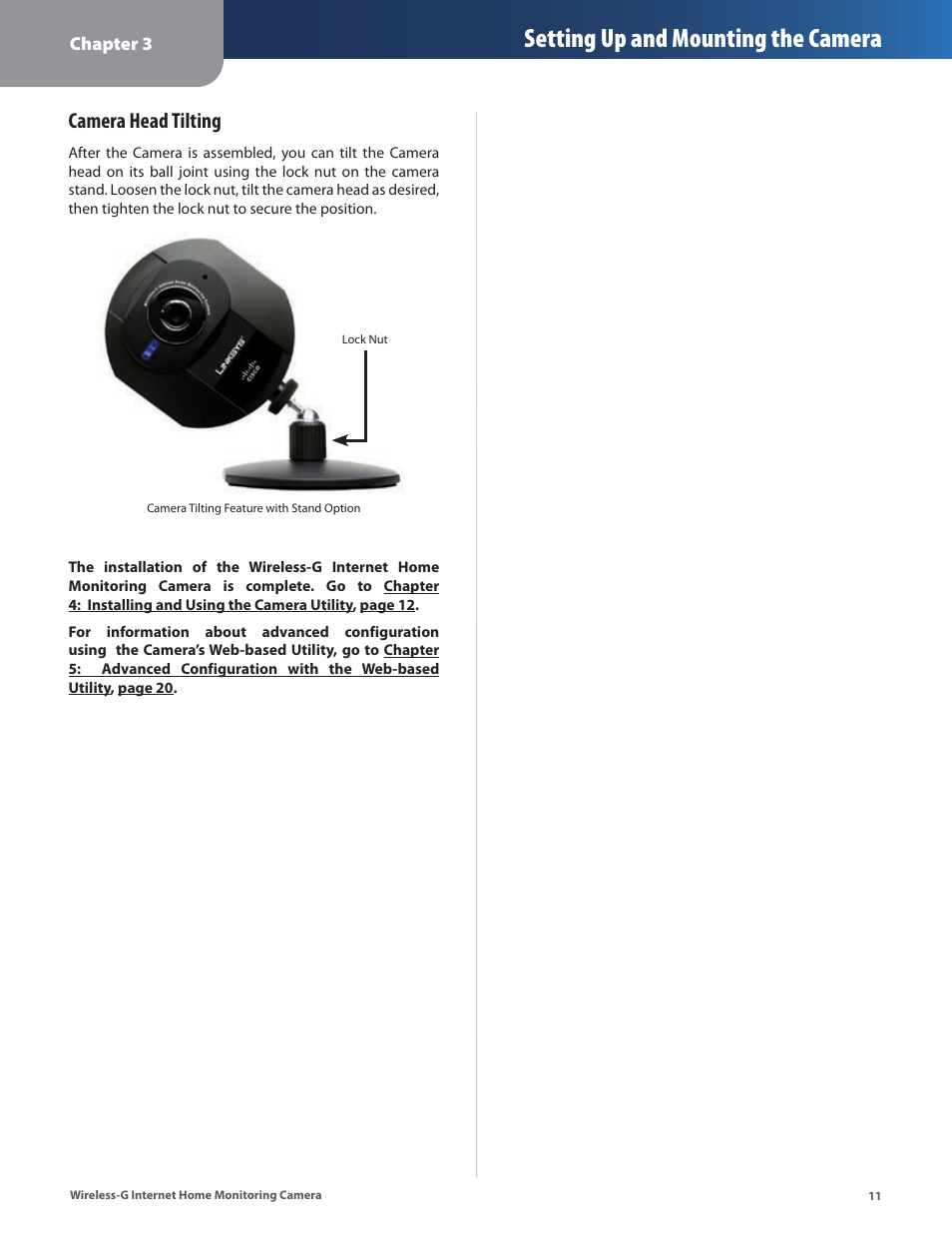 Setting up and mounting the camera, Camera head tilting | Linksys WVC54GCA User Manual | Page 12 / 55