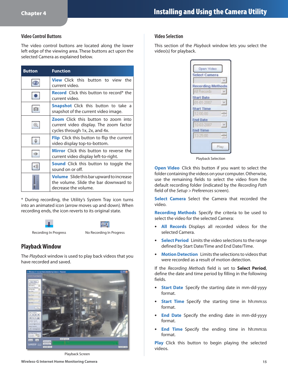 Installing and using the camera utility, Playback window | Linksys WVC54GCA User Manual | Page 16 / 55