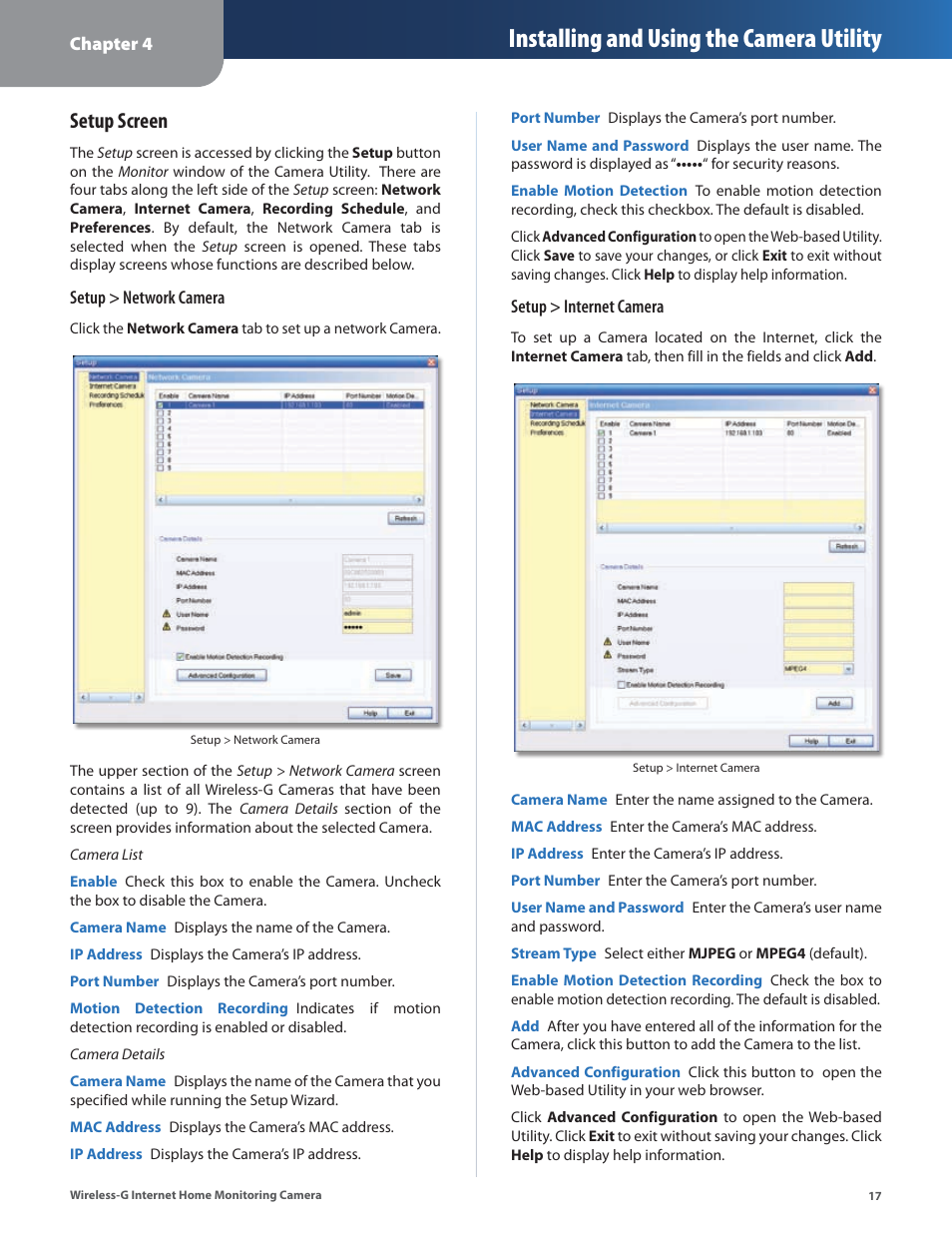 Installing and using the camera utility, Setup screen | Linksys WVC54GCA User Manual | Page 18 / 55