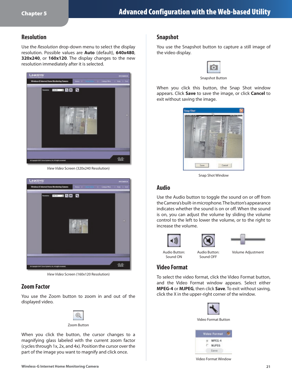 Advanced configuration with the web-based utility, Resolution, Zoom factor | Snapshot, Audio, Video format | Linksys WVC54GCA User Manual | Page 22 / 55