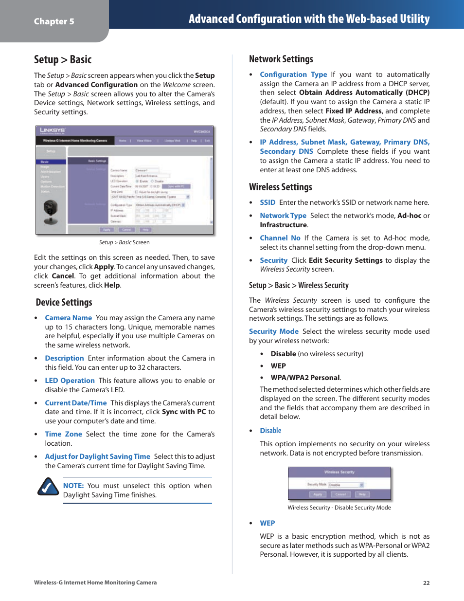 Setup > basic, Advanced configuration with the web-based utility, Device settings | Network settings, Wireless settings | Linksys WVC54GCA User Manual | Page 23 / 55