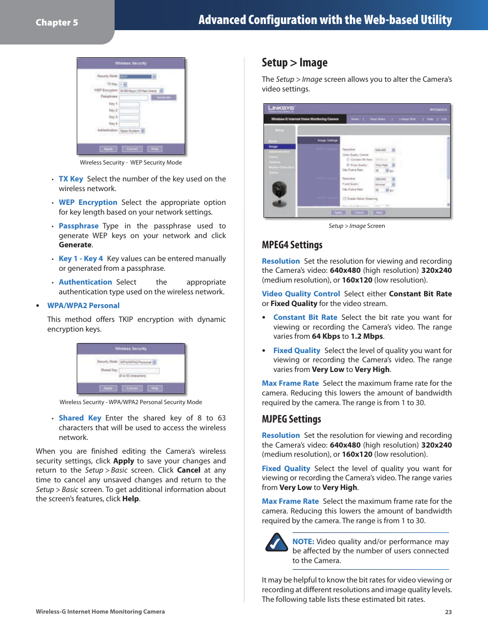 Setup > image, Advanced configuration with the web-based utility, Mpeg4 settings | Mjpeg settings | Linksys WVC54GCA User Manual | Page 24 / 55