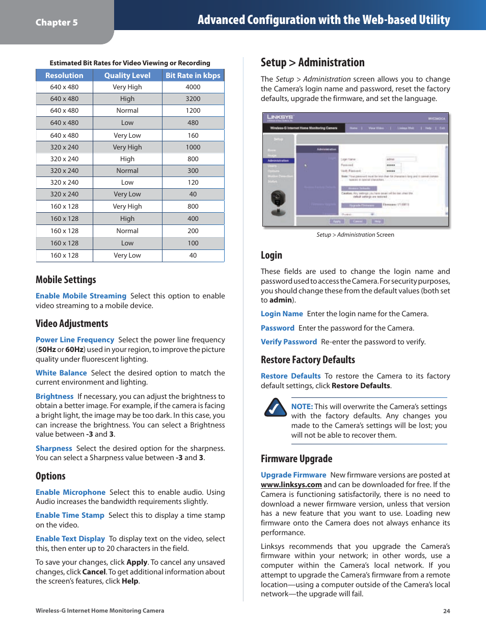 Setup > administration, Advanced configuration with the web-based utility, Mobile settings | Video adjustments, Options, Login, Restore factory defaults, Firmware upgrade | Linksys WVC54GCA User Manual | Page 25 / 55