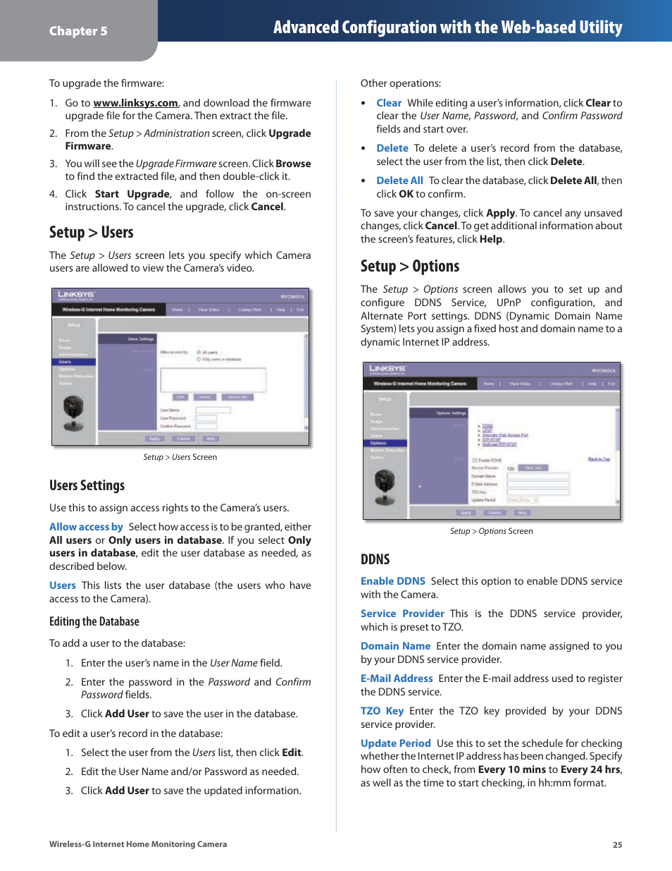 Setup > users, Setup > options, Setup > users setup > options | Advanced configuration with the web-based utility, Users settings, Ddns | Linksys WVC54GCA User Manual | Page 26 / 55