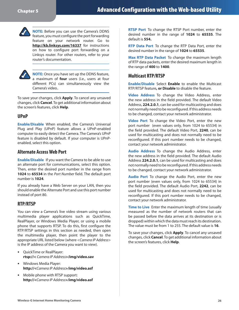 Advanced configuration with the web-based utility, Upnp, Alternate access web port | Rtp/rtsp, Multicast rtp/rtsp | Linksys WVC54GCA User Manual | Page 27 / 55