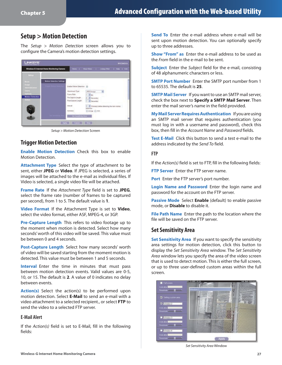 Setup > motion detection, Advanced configuration with the web-based utility, Trigger motion detection | Set sensitivity area | Linksys WVC54GCA User Manual | Page 28 / 55