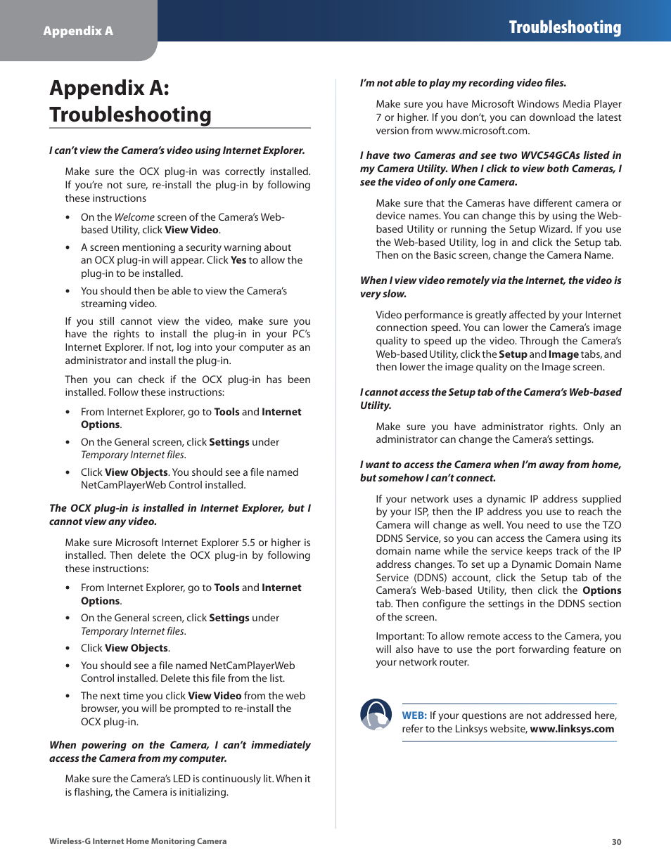 Appendix a: troubleshooting, Troubleshooting | Linksys WVC54GCA User Manual | Page 31 / 55