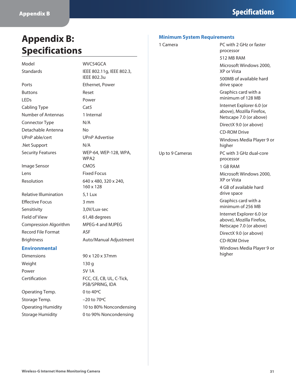 Appendix b: specifications, Specifications | Linksys WVC54GCA User Manual | Page 32 / 55