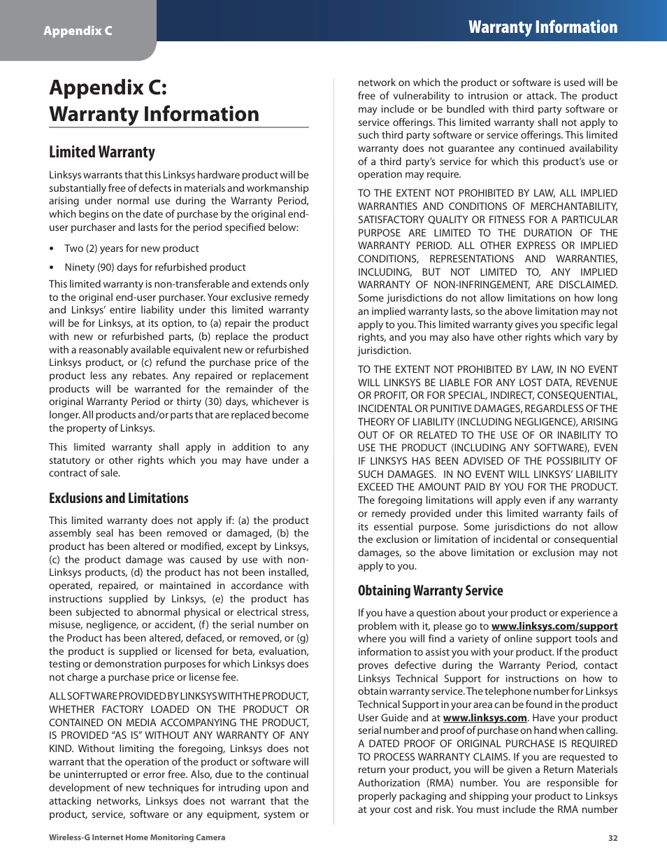 Appendix c: warranty information, Limited warranty, Warranty information | Exclusions and limitations, Obtaining warranty service | Linksys WVC54GCA User Manual | Page 33 / 55