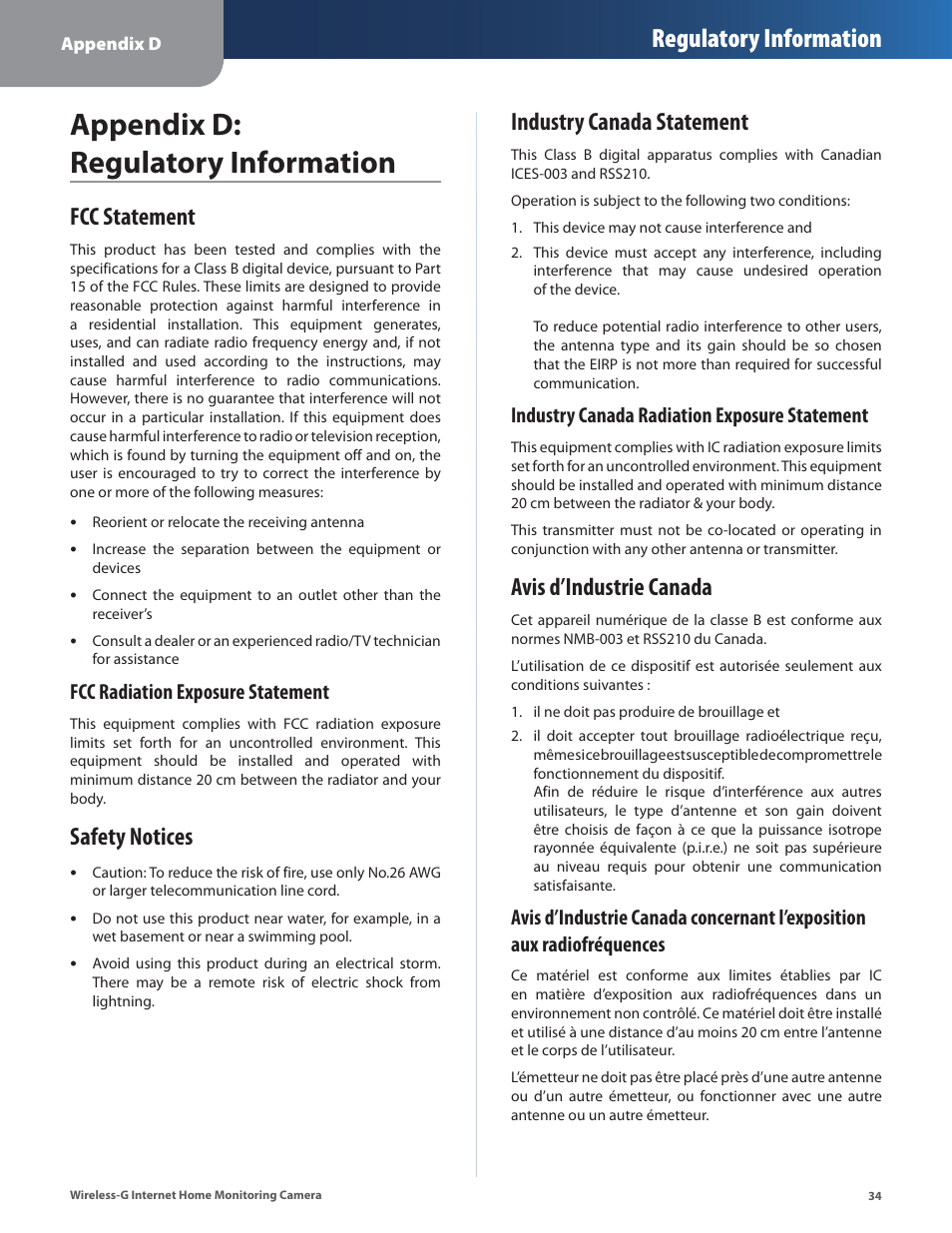 Appendix d: regulatory information, Fcc statement, Safety notices | Industry canada statement, Avis d’industrie canada, Regulatory information, Fcc radiation exposure statement, Industry canada radiation exposure statement | Linksys WVC54GCA User Manual | Page 35 / 55