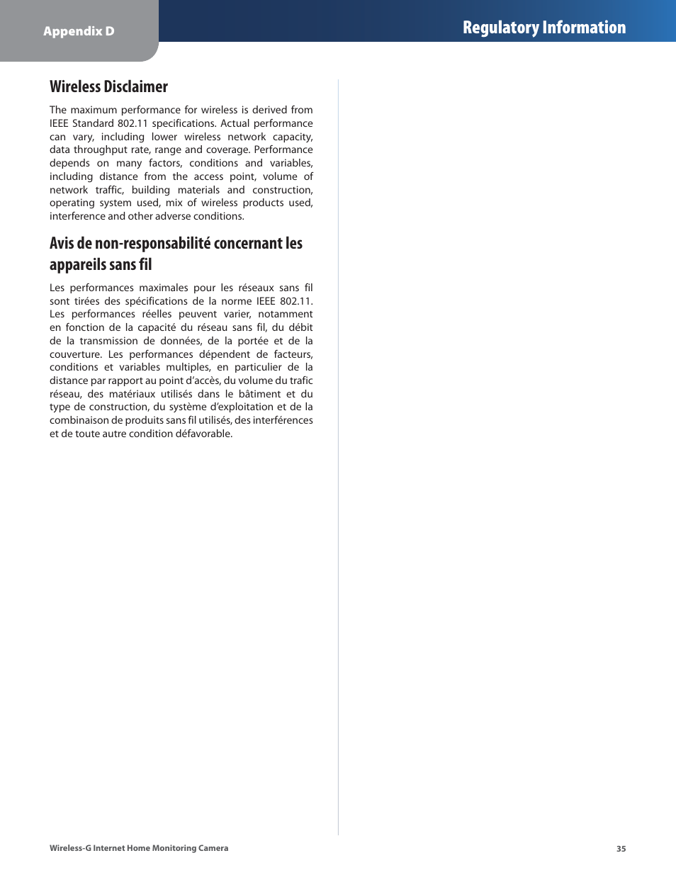Wireless disclaimer, Regulatory information | Linksys WVC54GCA User Manual | Page 36 / 55