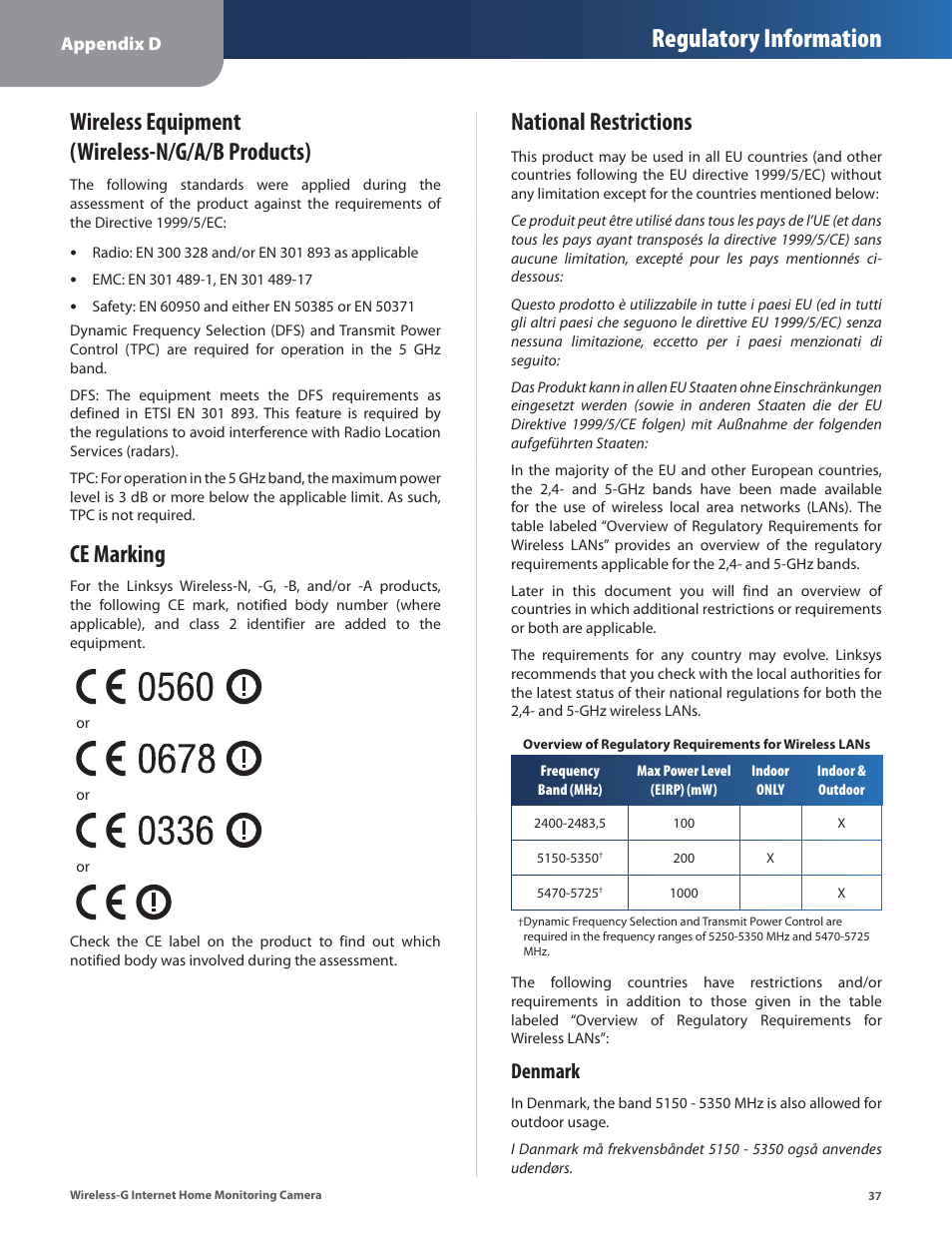 Wireless equipment (wireless-n/g/a/b products), Ce marking, National restrictions | Regulatory information, Denmark | Linksys WVC54GCA User Manual | Page 38 / 55