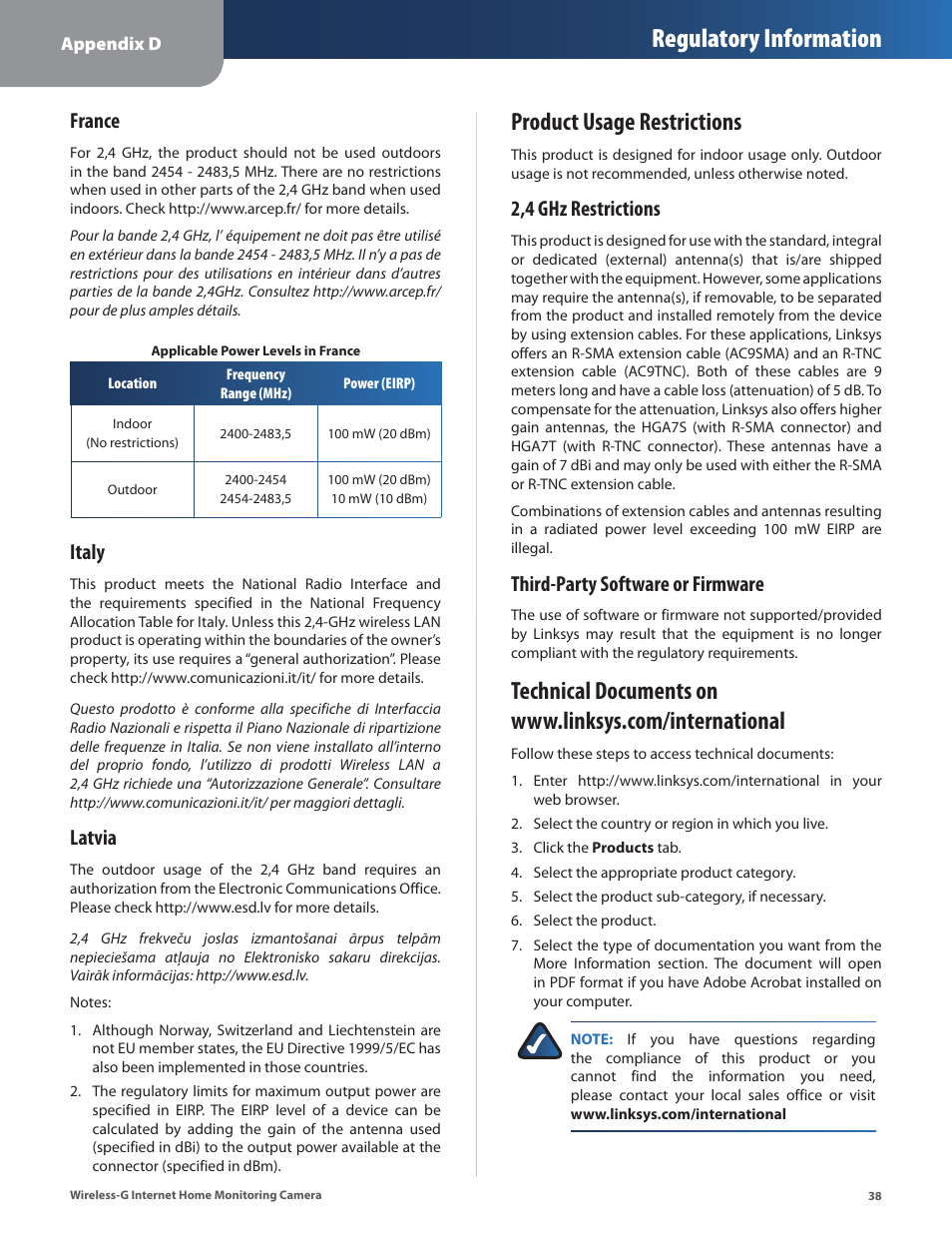 Product usage restrictions, Regulatory information, France | Italy, Latvia, 2,4 ghz restrictions, Third-party software or firmware | Linksys WVC54GCA User Manual | Page 39 / 55