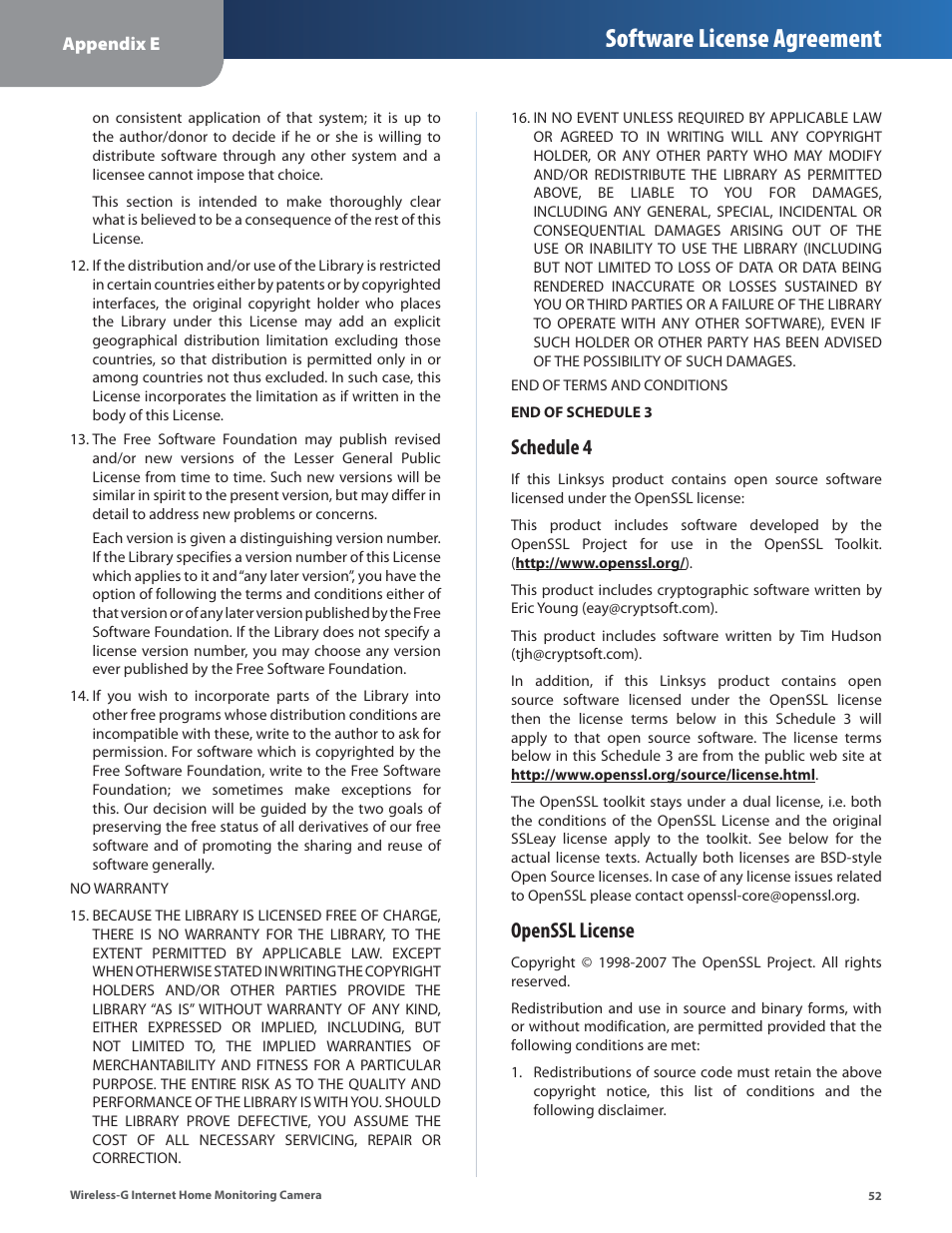 Software license agreement, Schedule 4, Openssl license | Linksys WVC54GCA User Manual | Page 53 / 55