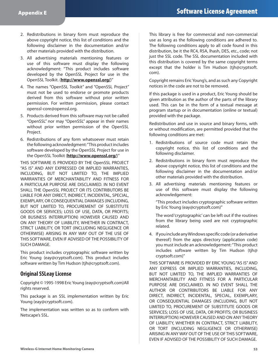 Software license agreement, Original ssleay license | Linksys WVC54GCA User Manual | Page 54 / 55