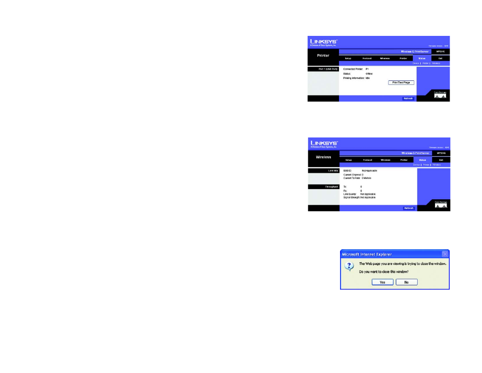 The status tab - printer, The status tab - wireless, The exit tab | Linksys WPS54G User Manual | Page 35 / 74