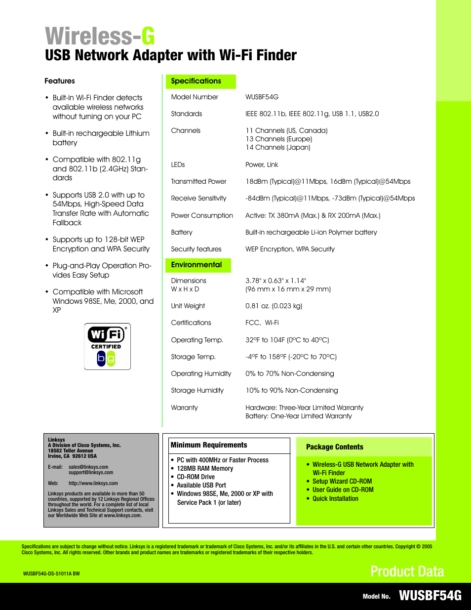 Wireless- g, Usb network adapter with wi-fi finder, Product data | Wusbf54g | Linksys WUSBF54G User Manual | Page 2 / 2