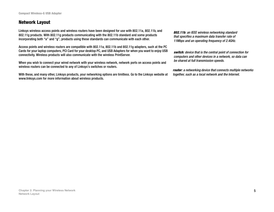 Network layout | Linksys WUSB54GC User Manual | Page 12 / 76