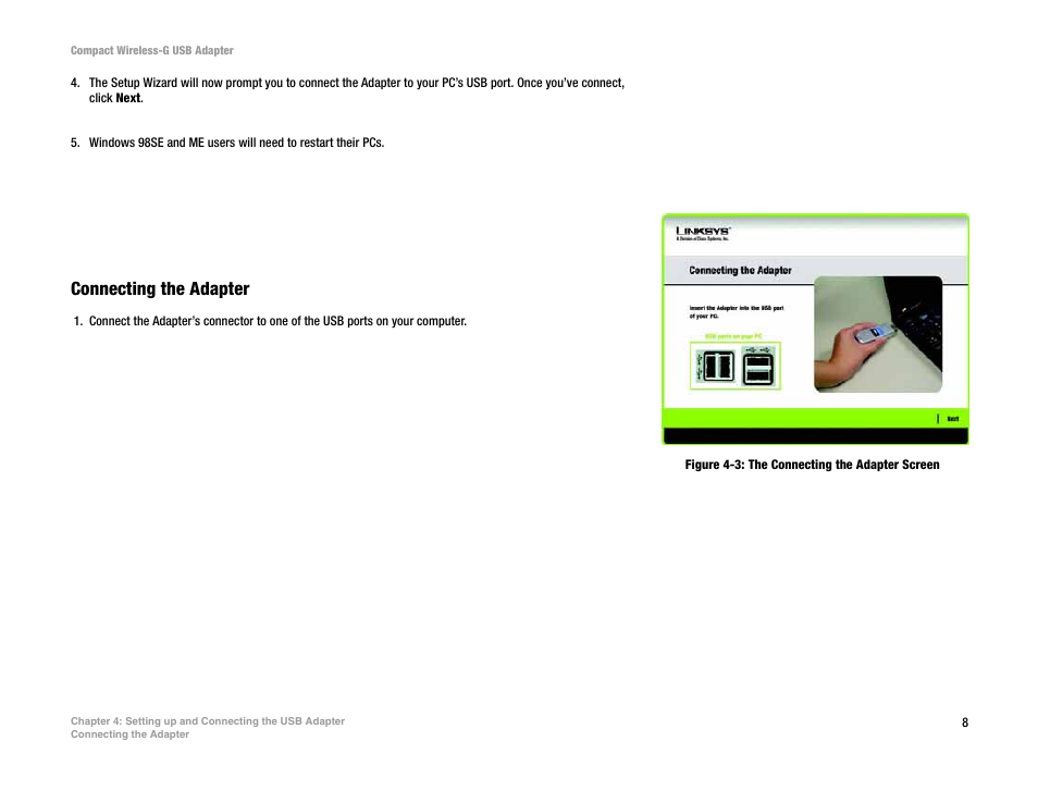 Connecting the adapter | Linksys WUSB54GC User Manual | Page 15 / 76
