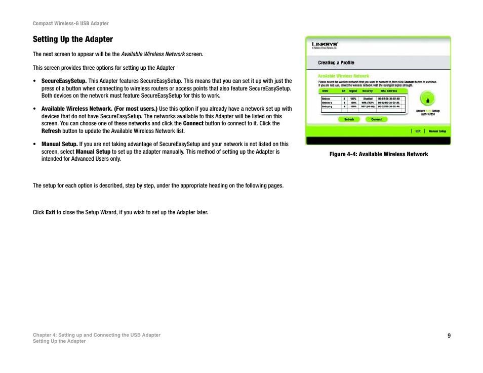Setting up the adapter | Linksys WUSB54GC User Manual | Page 16 / 76