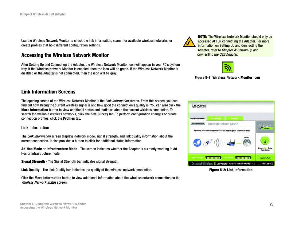 Chapter 5: using the wireless network monitor | Linksys WUSB54GC User Manual | Page 30 / 76