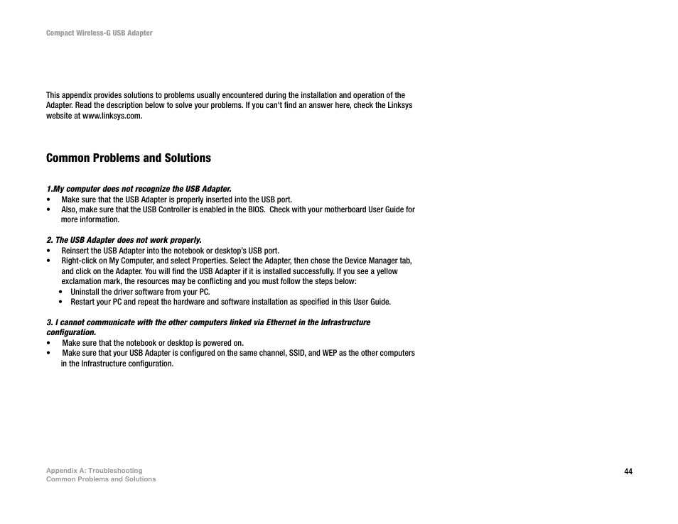 Appendix a: troubleshooting, Common problems and solutions | Linksys WUSB54GC User Manual | Page 51 / 76