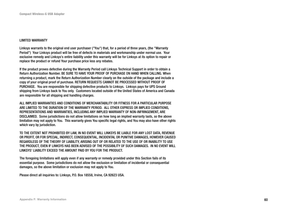 Appendix f: warranty information | Linksys WUSB54GC User Manual | Page 67 / 76