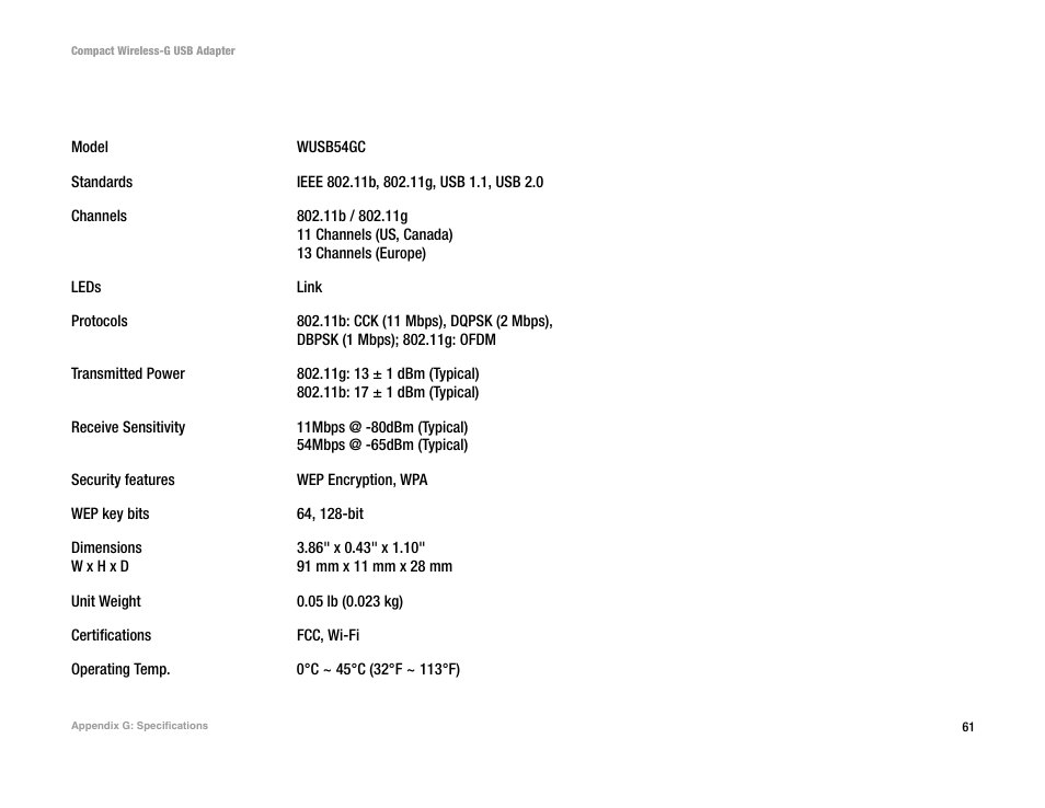 Appendix g: specifications | Linksys WUSB54GC User Manual | Page 68 / 76