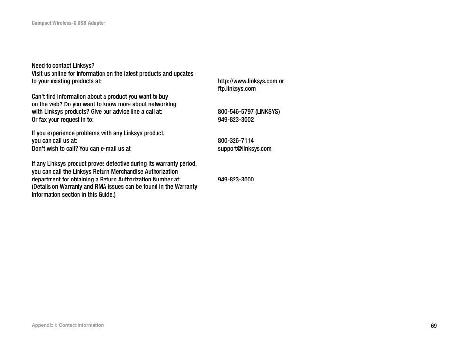 Appendix i: contact information | Linksys WUSB54GC User Manual | Page 76 / 76
