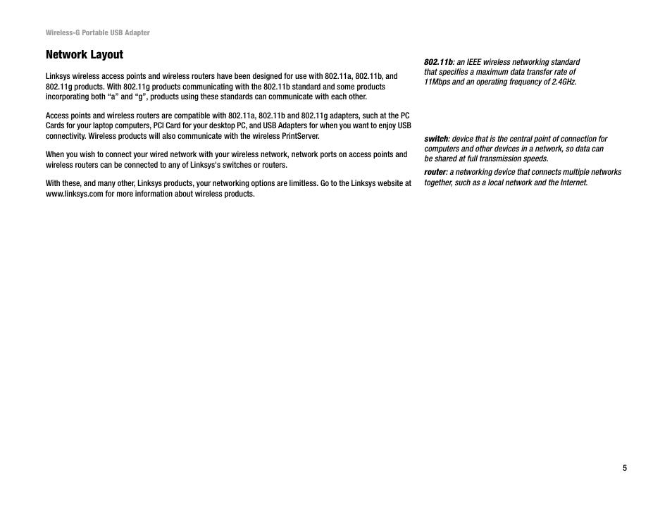 Network layout | Linksys WUSB54GP User Manual | Page 11 / 45