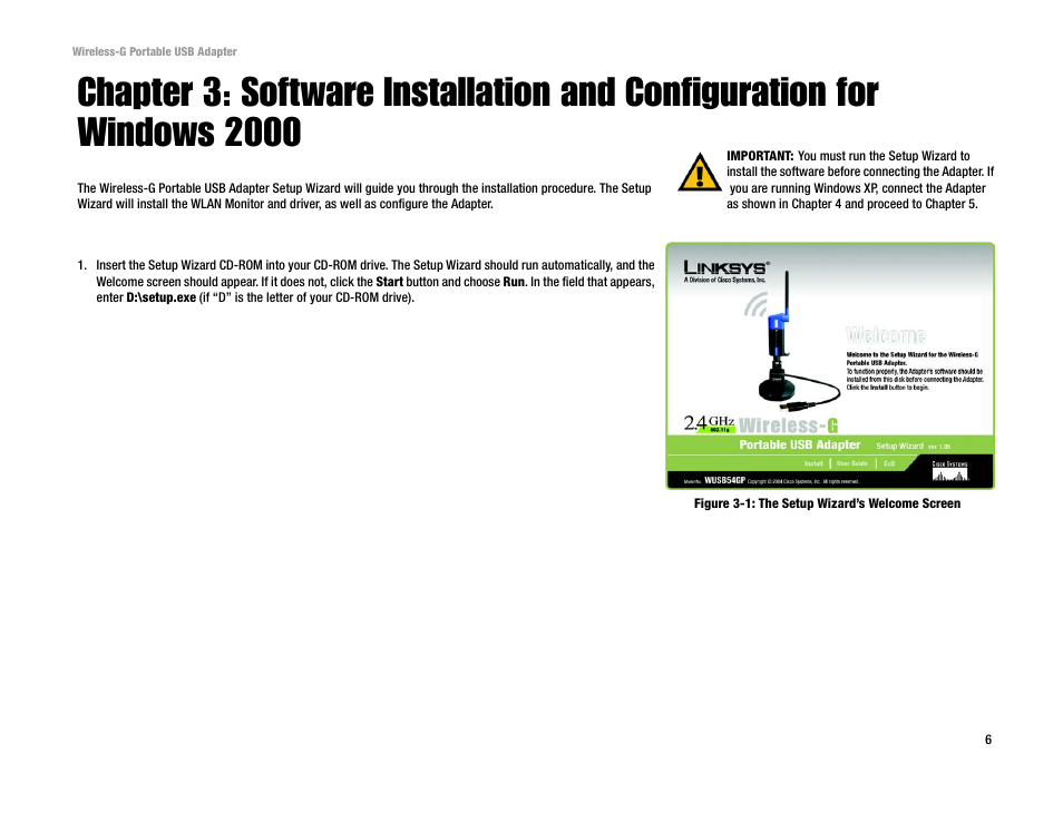 Figure 3-1: the setup wizard’s welcome screen | Linksys WUSB54GP User Manual | Page 12 / 45