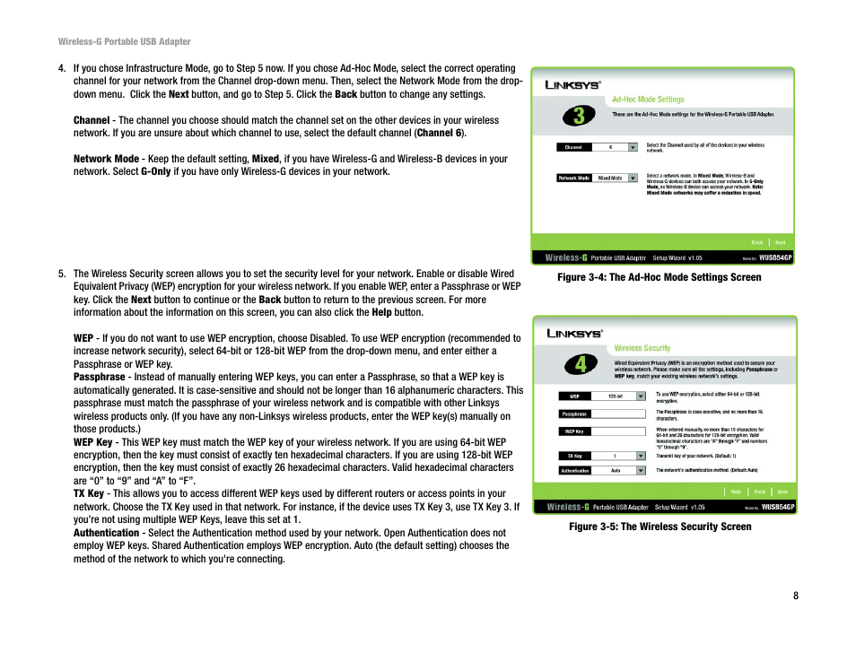 Figure 3-4: the ad-hoc mode settings screen, Figure 3-5: the wireless security screen | Linksys WUSB54GP User Manual | Page 14 / 45