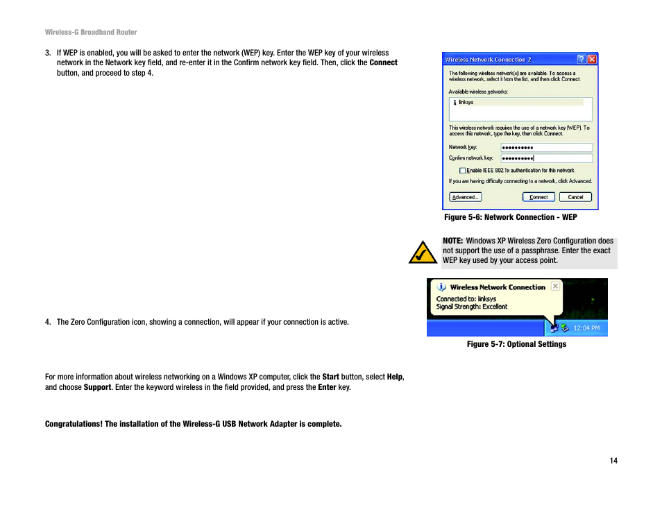 Figure 5-6: network connection - wep, Figure 5-7: optional settings | Linksys WUSB54GP User Manual | Page 20 / 45