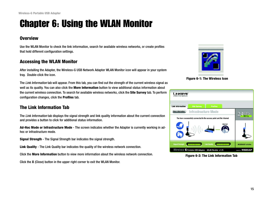 Chapter 6: using the wlan monitor, Figure 6-1: the wireless icon, Figure 6-2: the link information tab | Linksys WUSB54GP User Manual | Page 21 / 45
