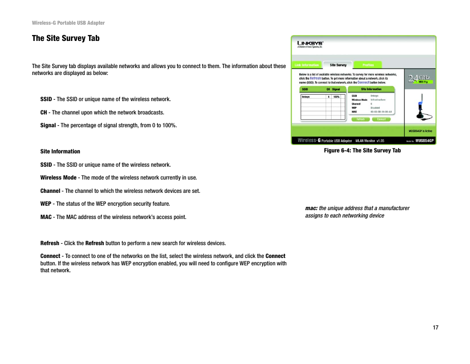 Figure 6-4: the site survey tab, The site survey tab | Linksys WUSB54GP User Manual | Page 23 / 45