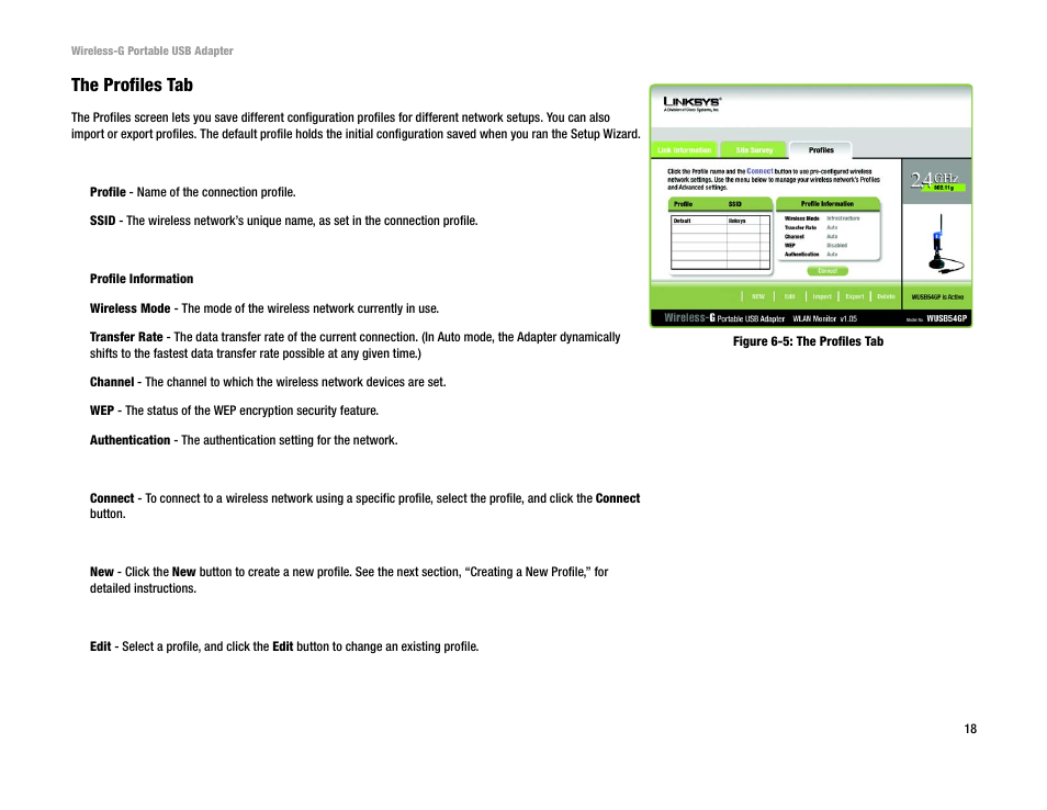 Figure 6-5: the profiles tab, The profiles tab | Linksys WUSB54GP User Manual | Page 24 / 45