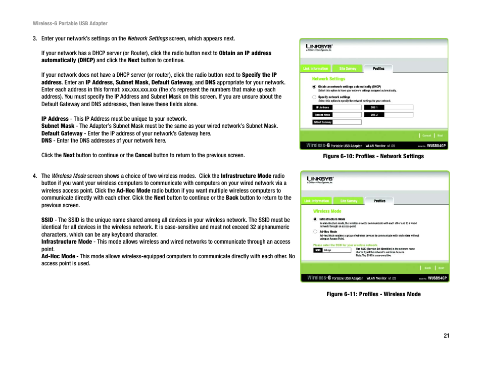 Figure 6-10: profiles - network settings, Figure 6-11: profiles - wireless mode | Linksys WUSB54GP User Manual | Page 27 / 45