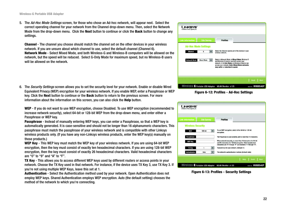 Figure 6-12: profiles - ad-hoc settings, Figure 6-13: profiles - security settings | Linksys WUSB54GP User Manual | Page 28 / 45
