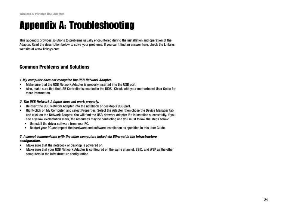 Appendix a: troubleshooting, Common problems and solutions | Linksys WUSB54GP User Manual | Page 30 / 45