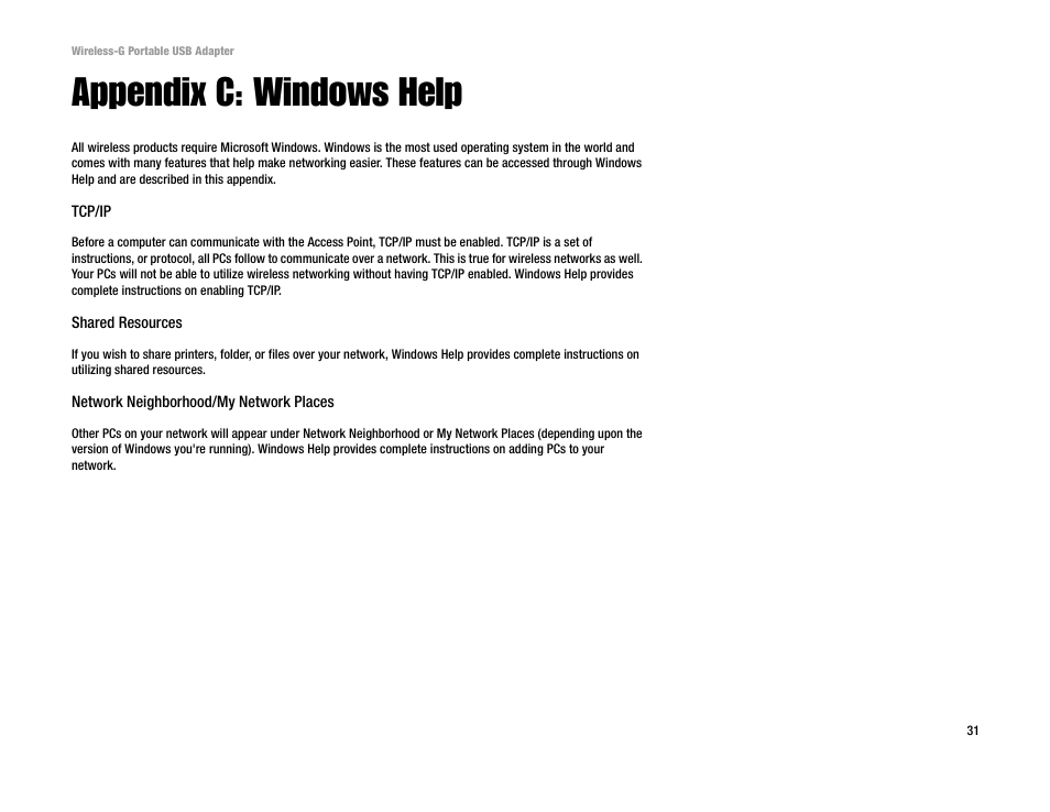 Appendix c: windows help | Linksys WUSB54GP User Manual | Page 37 / 45