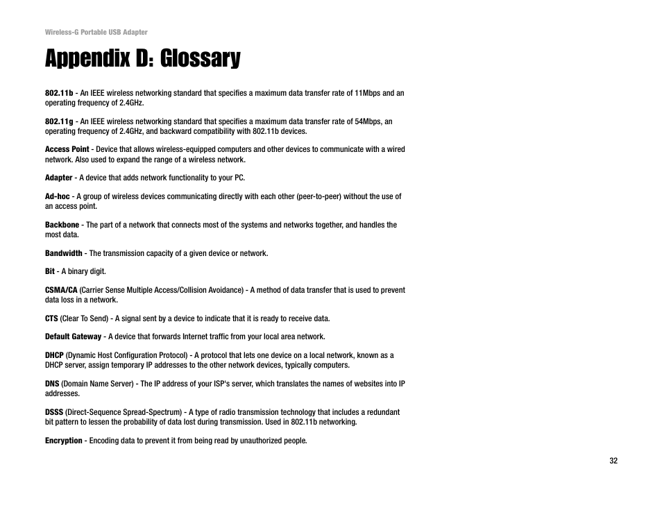 Appendix d: glossary | Linksys WUSB54GP User Manual | Page 38 / 45
