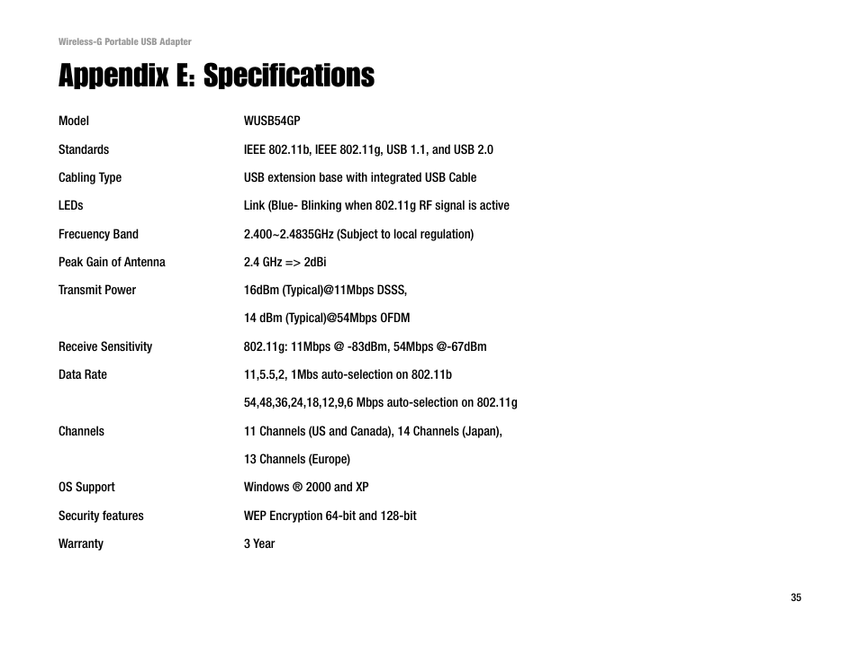 Appendix e: specifications | Linksys WUSB54GP User Manual | Page 41 / 45